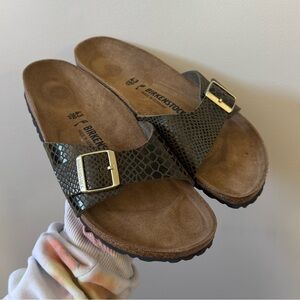 Birkenstock Madrid unisex shiny green snakeskin slip on sandals- TRIED ON ONCE
